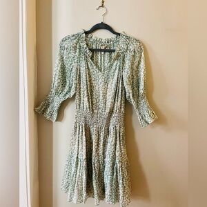 NWT Rebecca Taylor Silk Green Ikat Leaf Print Metallic Smock Waist Mini Dress